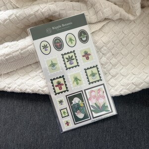K&ouml;nnte beinhalten: Ein Bogen botanischer Aufkleber mit Orchideenillustrationen im Briefmarkendesign. Die Aufkleber zeigen Orchideen in Rosa, Gr&uuml;n und Lila. Der Text "Ripple Botanic" befindet sich oben.