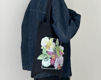 Cute Botanical Orchid Tote Bag Hand Painted Design Black Canvas Bag Tropical Flower Illustration Plant Lover Accessory Gift
