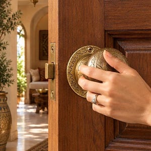 Handcrafted Moroccan Brass Door Knob, Antique Round Door Handle, Ornate Brass Rosette, Traditional Moroccan Hardware