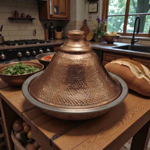 Op de afbeelding: Een koperen tajinepot met een gehamerde textuur en een zilveren rand staat op een houten oppervlak. De tajine is een traditioneel Marokkaans kookvat. Een brood en kommen met eten zijn ook zichtbaar.