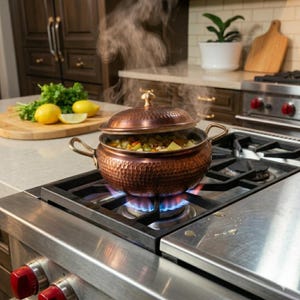 Peut inclure: Une casserole en cuivre à texture martelée, remplie de légumes, est posée sur une cuisinière à gaz. De la vapeur s'élève de la casserole, indiquant que le contenu est en train de cuire. La casserole a un couvercle et deux poignées. Des citrons et des herbes sont sur une planche à découper en bois.