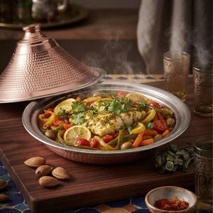 May include: A copper tagine with a conical lid and a silver-toned base containing a cooked meal of white fish, sliced lemons, green peppers, carrots, tomatoes, and olives. Steam rises from the dish, which is placed on a wooden board.