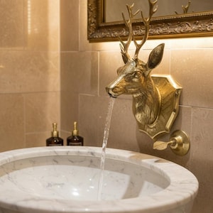 Puede incluir: Un grifo con forma de cabeza de ciervo dorado con agua fluyendo hacia un lavabo de mármol. El grifo está montado en una pared de azulejos beige. Un espejo con marco dorado es visible en el fondo.