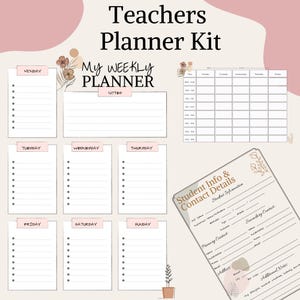 Op de afbeelding: Een lerarenplannerset met een wekelijkse plannerindeling, een leerlingeninformatieblad en een dagschema. De planner bevat secties voor elke dag van de week, met ruimte voor notities en contactgegevens van leerlingen. De set heeft een zacht, neutraal kleurenpalet.