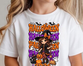 Halloween Shirt for Girls, Cute Ghost Bow Tee, Checkered Spooky Season Top, Pumpkin Fall Outfit, Halloween 2026 Kids Clothing