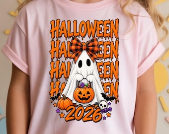 Halloween Shirt for Girls, Cute Ghost Bow Tee, Checkered Spooky Season Top, Pumpkin Fall Outfit, Halloween 2026 Kids Clothing