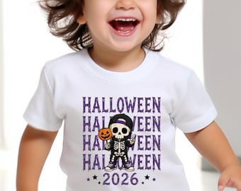 Halloween Shirt for Boys and Girls, Skeleton Pumpkin Tee, Spooky Season Kids Top, Halloween 2026 Shirt, Trick or Treat Fall Outfit