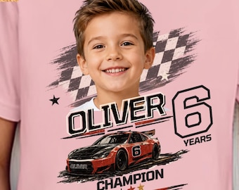 Custom Boys Birthday Shirt, Personalized Race Car Tee with Name, Photo and Age, Kids Party Outfit for 5th 6th 7th 8th Celebration