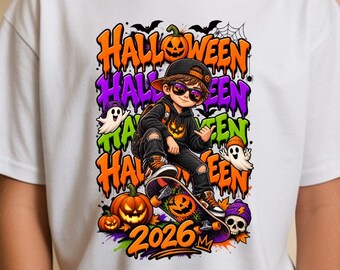 Halloween Shirt for Boys, Skateboard Ghost Tee, Spooky Season Kids Top, Pumpkin Graphic Shirt, Halloween 2026 Youth Outfit