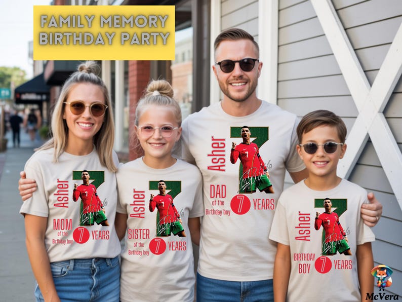 May include: A family of four wearing matching light-colored t-shirts with a soccer player graphic and the name "Asher". The shirts also include the text "Mom", "Dad", "Sister", and "Birthday Boy" with "7 Years". The image has the text "Family Memory Birthday Party".