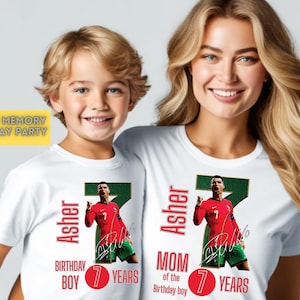 May include: White t-shirts with a soccer player graphic. The shirts feature the name "Asher", the number "7", and the words "Birthday Boy" and "Mom of the Birthday Boy". The shirts are for a family birthday party.