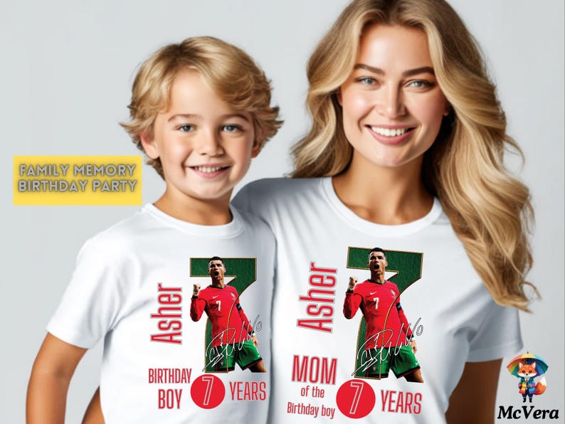 May include: White t-shirts with a soccer player graphic. The shirts feature the name "Asher", the number "7", and the words "Birthday Boy" and "Mom of the Birthday Boy". The shirts are for a family birthday party.