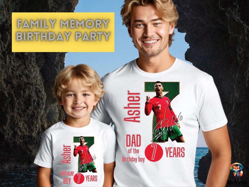 May include: White t-shirts with a soccer player graphic, the name "Asher", and the text "7 Years" are worn by a father and son. The shirts also say "Dad of the Birthday boy" and "Family Memory Birthday Party".