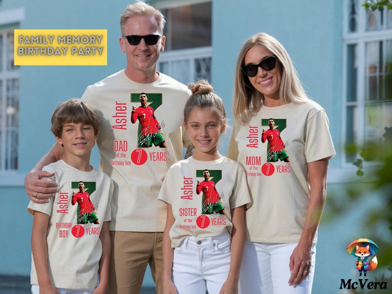 May include: A family of five wearing matching beige t-shirts with a soccer player graphic. Each shirt has the name "Asher" and the text "7 Years". The shirts are for the "Dad", "Mom", "Sister", and "Birthday Boy". The words "Family Memory Birthday Party" are in a yellow box.