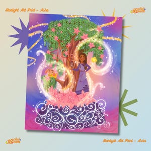 May include: A vibrant art print titled "Starlight Art Print - Asha" featuring a whimsical illustration. It depicts a woman in a purple dress standing near a tree with pink flowers and a small figure. The artwork has a dreamy, colorful aesthetic.