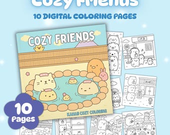 Easy Japanese Coloring Pages, Cozy Friends, Cute Digital Coloring Book, Relaxing Printable Pages for Kids & Adults, Kawaii Coloring Book