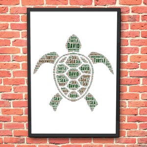 May include: A framed print featuring a turtle design composed of words. The words "DAVID", "TURTLE", "SEA", and "UNDERWATER" are repeated throughout the turtle's form in a green and white color scheme. The artwork is set against a white background.