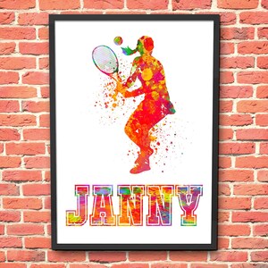 Watercolor Tennis Player Art Print: Custom Sports Gift (Digital Download A4/A5 Landscape Size Available)