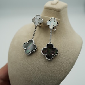 2 motif White & Gray Mother of pearl clover earrings 925 silver 18k white gold plated stud back