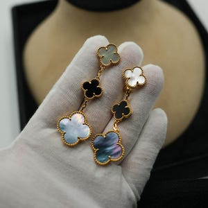 3 motif white & gray Mother of pearl clover earrings 925 silver 18k gold plated stud back
