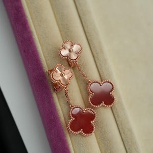 2 motif Carnelian & Guillioche clover earrings 925 silver 18k rose gold plated stud back