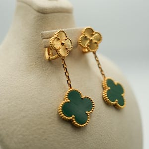 2 motif Guillioche & Malachite clover earrings 925 silver 18k gold plated stud back