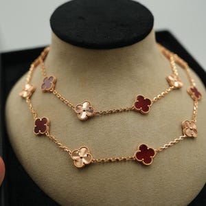 Vintage Carnelian & Guillioche  20 motif clover necklace 925 silver 18k rose gold plated