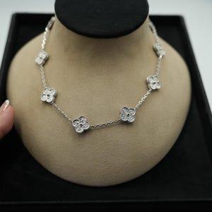 Vintage Hummered 10 motif clover necklace 925 silver 18k white gold plated