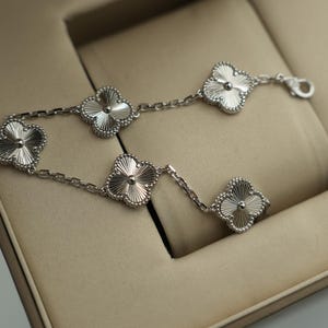 Vintage Guillioche 5 motif clover bracelet 925 silver 18k white gold plated more colors