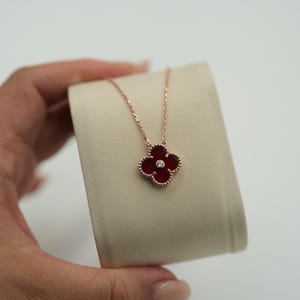 Vintage Carnelian 15mm one clover necklace 925 silver 18k rose gold plated