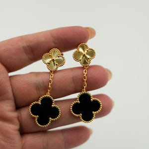 2 motif Onyx & Guillioche clover earrings 925 silver 18k gold plated stud back