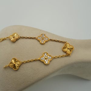 Vintage Guillioche & CZ 5 motif clover bracelet 925 silver 18k  gold plated 15mm clover