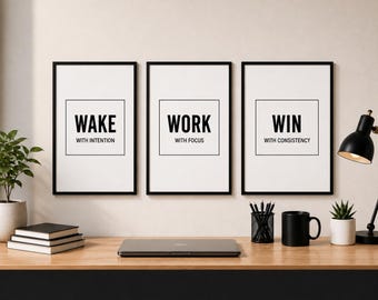 Motivational Inspirattional Wall Art Set of 3, Quote Wall Art, Office Wall Decor, Positive quote,Printable Digital Art, Wake Work Win Prints
