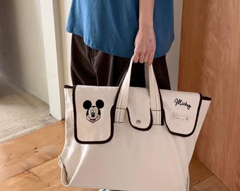 Official Mickey Mouse Canvas Tote Bag – 100% Cotton, Multi-Pocket Travel Bag