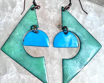 Enameled Willow Green & Blue Dancing Dangle Earrings