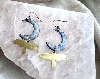 Brass Bird&Moon Earrings