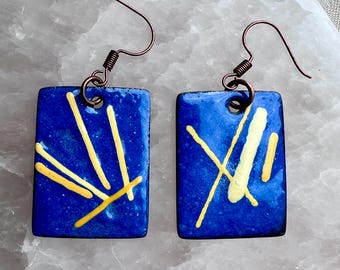Speckled Blue Enamel Earrings: 80s Style Bold Jewelry