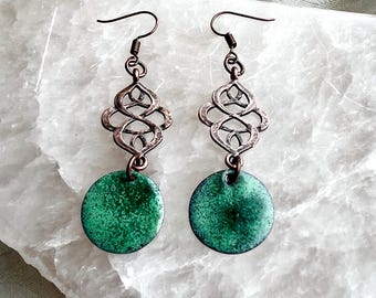 Lichen Green Enameled Earrings, Antiqued Copper Filigree