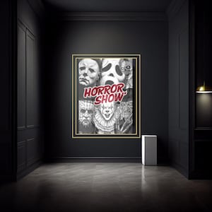 ホラーショーポスター – クラシックホラーヴィランズデジタルプリント | フレディ、ペニーワイズ、マイケル・マイヤーズなど | ハロウィンウォールアートダウンロード