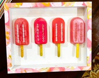 Pink Resin Ice Pop Wall Art, Handmade 3D Shadow Box, Girly Kitchen Decor