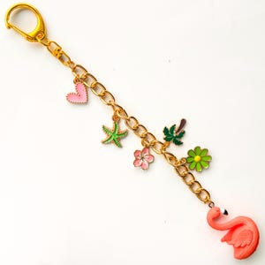 Tropical Flamingo Keychain: Gold Chain Summer Bag Charm with Starfish