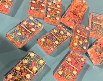 Jumbo Resin Domino Set Double Six, Clear Neon Glitter Dominos, Pink Gold Confetti Handmade Game Night Gift