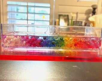 Rainbow Resin Catch All Tray, Handmade Jewelry Tray, Colorful Beaded Vanity Tray, Desk Organizer Gift