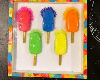 Neon Ice Pop Shadow Box Art, Handmade Resin Wall Decor, Colorful Summer Candy Kitchen Decor