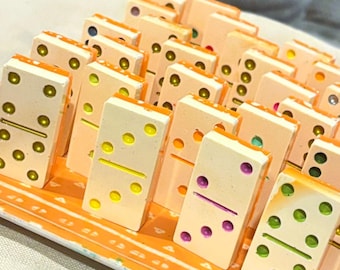 Orange Cream Resin Dominoes, Handmade Double Six Set, 28 Piece Game Night Gift, Gold Pips