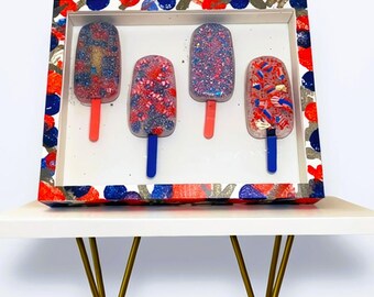 Patriotic Resin Ice Pop Wall Art, 4th of July Shadow Box Decor, Red White Blue Summer Decoration