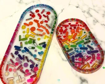 Rainbow Resin Tray Set, 2 Piece Trinket Tray & Jewelry Dish, Colorful Catch All Tray, Handmade Decorative Vanity Tray, Candy Confetti Decor