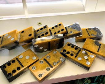 Gold Black White Marble Resin Jumbo Domino Set, Handmade 28-Piece Double-Six Game