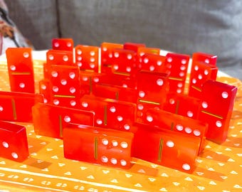 Tie Dye Resin Dominoes, Red Orange Yellow Double Six Set, Handmade 28 Piece Game Night Gift