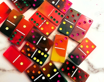 Jumbo Resin Domino Set Double Six, Tie Dye Green Orange Red Yellow Dominos, Handmade Game Night Gift, Colorful Decor